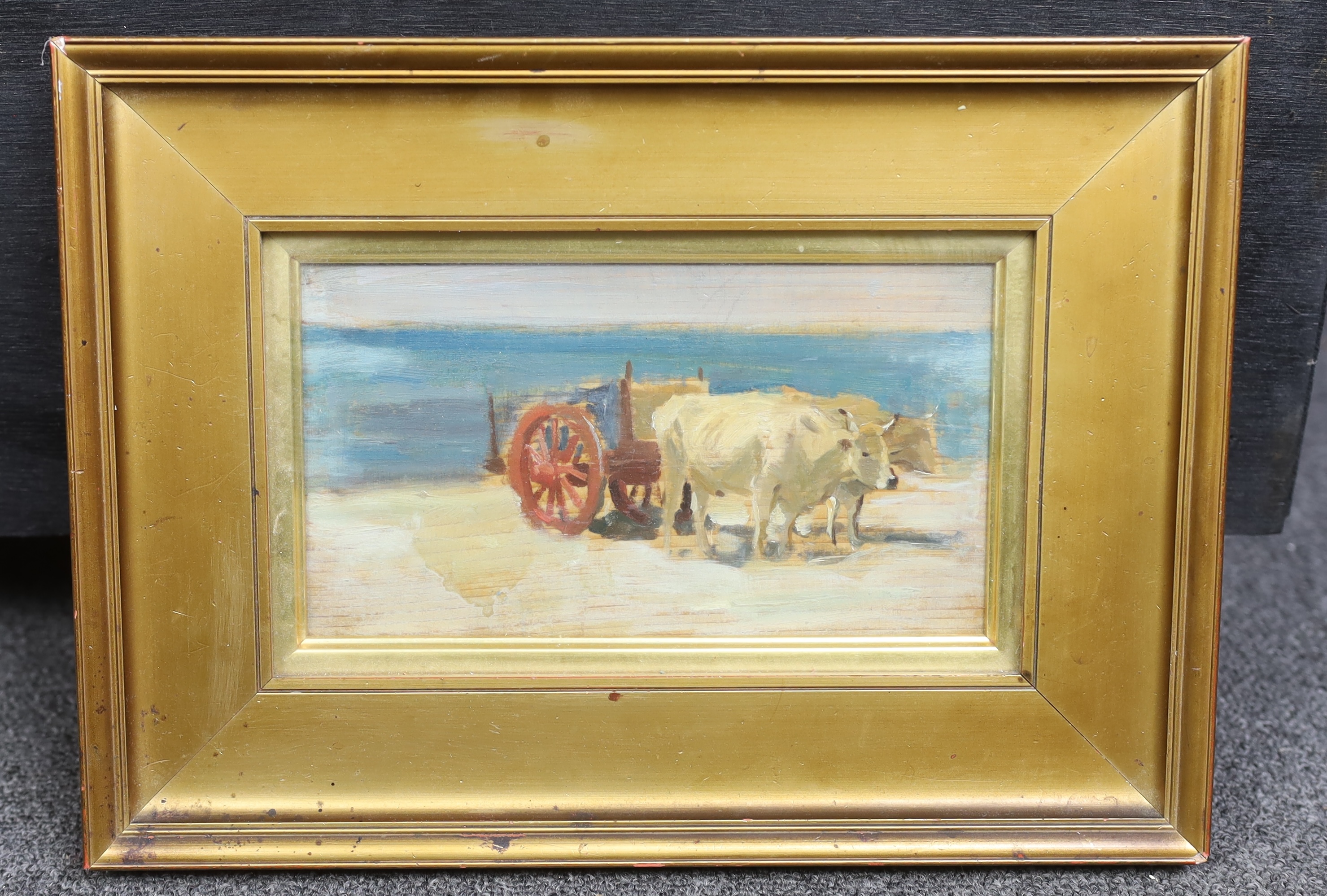 Arthur Lemon (1850-1912), oil on wooden panel, Sketch of oxen pulling a cart, 10 x 19cm